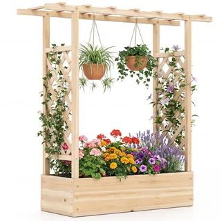 FANTASK 2-in-1 Hochbeet mit Spalier, Blumenkasten mit Rankhilfe & hängendem Dach, Pflanzkübel für Kletterpflanzen, hängende Körbe, Pflanzkasten für Garten, Hof Terrasse (Natur, 110x35x114 cm)