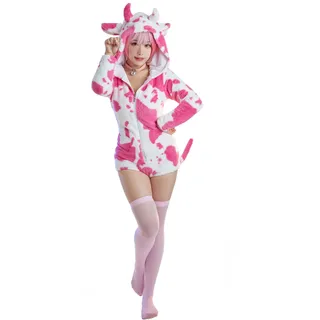 MEOWCOS Damen Pyjama Einteiler Tier Cosplay Anzug für Damen Baumwolle Body Tops Einteiler Halloween Kostüm, Kuh-rosa-weiß, S