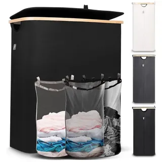 HENNEZ Wäschekorb 3 Fächer mit Deckel - Wäschesortierer mit Wäschesack - Laundry Baskets - schwarz Bambus - Wäschetonne - Wäsche Sortiersystem - Wäschesammler