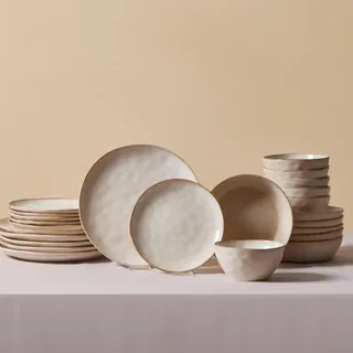 KARACA Aria - Geschirrset 6 Personen Teller Set 24 Teilig mit Servierplatte, Müslischalen, Frühstücksteller, Pasta Teller Tief, Essteller, Mikrowellen Steingut Geschirr Set - Beige