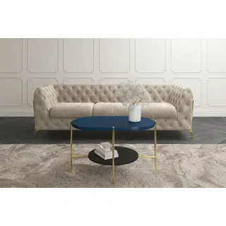 Arena Moderner Couchtisch mit 2 Ablagen / Oval + Rund / 80 x 50 x 50 cm / mit Gold Metallgestell / Marineblau / Schwarz - Blau