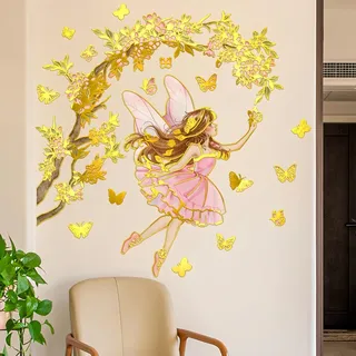 Lekabee Golden Blumenfee Wandaufkleber, Blumen Schmetterlings Wandtattoo, Wanddekoration für Mädchenzimmer, Babyzimmer und Kinderzimmer (Stil_B)