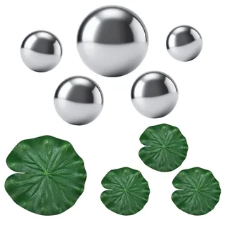 inkihuit Edelstahl Schwimmkugeln Set mit 4 Lotusblättern - Reflektierende Wasserdekoration für Terrassenteich, Mini-Teich & Gartenbrunnen