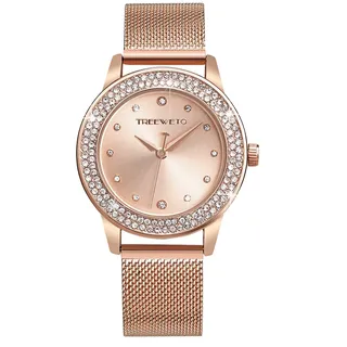 TREEWETO Damenuhr Analog Quarz Armband Armbanduhr Kristall Mesh Edelstahl Gürtel Damen Quarz Diamant Klassische Mode Romantisch Rosegold