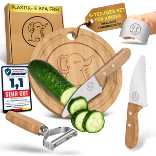 Eli® Edelstahl Kindermesser Set,hochwertiges 5-teiliges Kinder Küchenmesser Set,Messer mit Fingerschutz, Schneidebrett, Schäler, Kochmesser Set,Messer