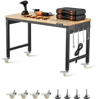 Vevor Arbeitstisch Holz/Eisen 1220x610x711 mm schwarz mit Steckdose und Rädern