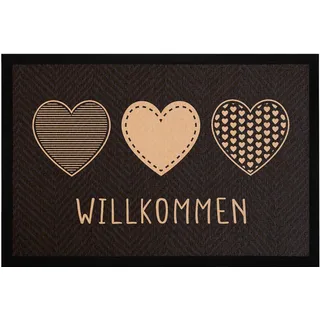 MoonWorks® Fußmatte Willkommen Motiv Herzen Türmatte Deko Haustür Eingang rutschfest & waschbar Willkommen beige-schwarz 60x40cm
