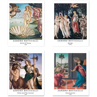 Kunstdruck Ungerahmt Klassische Mythologie Historisch Bilder Set von 4, Poster Größe: 20x25 cm Premium Kunstpapier Wanddeko Schönes mehrfarbiges Passenden Jugendzimmer Deko Sandro Botticelli Poster
