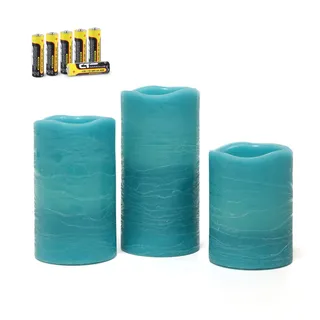 Rhytsing 3 flammenlose Kerzen Türkis Rustik-Design, LED Wachskerzen Timer-Funktion mit Batterien enthalten, H 10/12,5/15 CM