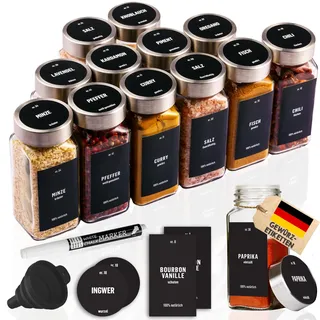 Deco Haus® Gewürzgläser eckig luftdicht 12er Set [inkl. Etiketten & Streueinsatz] - Gewürzdosen Set Glas - Gewürzbehälter Spice Jars - Gewürze Aufbewahrung - Behälter für Gewürze - Gewürzaufbewahrung