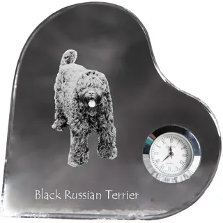 Russischer Schwarzer Terrier, Russkiy Tchiorny Terrier - Kristalluhr mit einem Hundebild, Herzregal-Uhr, personalisierte Standuhr der Marke Art-Dog - Transparent