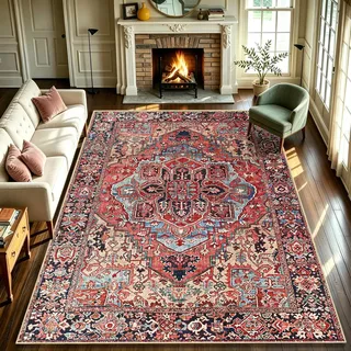 WUTONG Teppich 200x300 cm Wohnzimmer Waschbar rutschfest Kurzflor Vintage Rot,Orientteppich Retro Esszimmer Boho Teppich Groß Schlafzimmer,Faux Kaschmir Weich
