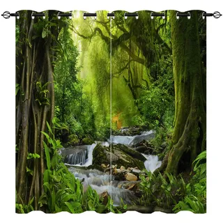 YUANZU Wald Vorhänge Natur Tropischer Dschungel Fluss Regenwald Wasserfall Ösen Gardinen mit Blickdichte Blackout Curtain Wohnzimmer Schlafzimmer Verdunkelung Fenster, 2 Stück, H 213 x B 132 cm