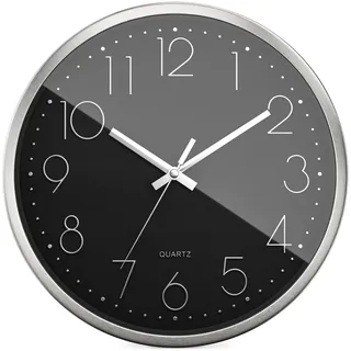 Mebus Quarzwanduhr | Leisegangwerk ohne Tick-Tack Geräusch | Aluminiumrahmen | arabisches Zifferblatt | 3D Ziffern | Aluminium Zeiger I 30 cm, Silber/Schwarz