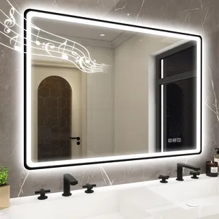 STARLEAD 70x100cm Schwarz LED-Badspiegel-mit-Beleuchtung und Bluetooth, Entfoggen, Dimmbar, 3 Lichtfarben, HD Gehärtetes Glas, IP44 Wasserdicht, Horizontal/Vertikal