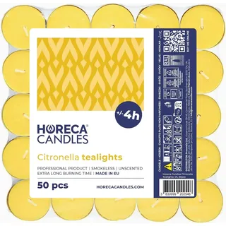 Horeca Candles - Citronella Teelichter - Set mit 50er Kerzen, Gelbe - Duftkerzen mit 4 Stunden Brenndauer - Für den Außenbereich, Balkon, Picknick, Camping