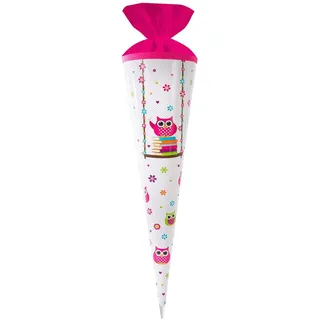Goldbuch 97 143 Schultüte Eule, Geschenktüte aus Lackkarton mit Eulen als Motiv, Geschenkverpackung mit pinkem Filzverschluss (ohne Verschlussband), Zuckertüte rund, Länge 70 cm, Ø 19 cm, Weiß