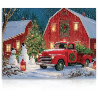 Dazzlewall Weihnachten Wand Kunstdruck, Rote Lkw Scheune Weihnachten Poster Druck Rustikale Bauernhaus Bilder Wanddekoration für Zuhause Badezimmer Schlafzimmer, 12x16 zoll Ungerahmt