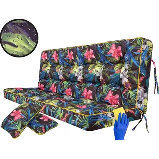 Bankauflage für Schaukelkissen, Polsterauflage für Gartenbank & Hollywoodschaukel,Sitzkissen & Rückenkissen, gesteppt, inkl. 2 Seitenkissen, 100 cm - Blumen und Blätter - Bunt