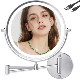 yngtoue 23cm Wand kosmetikspiegel mit Beleuchtung,Chrom 10x vergrößerung Badezimmer Rasierspiegel, USB Aufladung (960C10X)