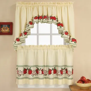 CHF & You Fenstervorhang mit hübschem rotem Apfelmotiv im Landhausstil, Set für mehrere Ebenen, Elfenbein, 142 cm, Mehrfarbig