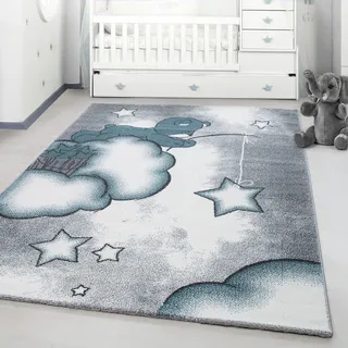 Ayyildiz Teppiche Kinderteppich "Kids 580" rechteckig 12 mm Höhe auch in rund, Teddybär, Sterne Design, Kurzflor, blau