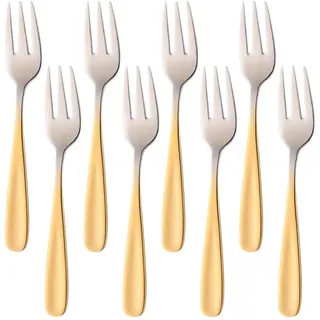 BISDARUN Rostfreier Stahl Kuchen Gabel 3 Zinken Obst Gabel 8-teilig Gradient Gold Gabeln Satz Spiegelpolitur ideal für Hochzeitsfest Dessert