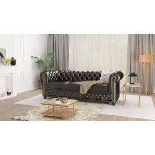 s-style möbel George Sofa 3-Sitzer Chesterfield-Sofa Mit Schlaffunktion für Wohnzimmer Lounge Couch Aus Veganem Leder Möbel Freistehende Polster Sofas & Couches Couchgarnitur Schwarz 203 x 86 x 72 cm
