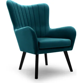 DomoHome Ted Sessel Aus Velluto-Stoff – Eleganter Hellrosa Samtsessel Mit Hoher Rückenlehne Breiter Sitzfläche Und Stabilen Schwarzen Holzbeinen Mit Vertikalen Nähten 76x78x100cm TÜRKISCH - Türkis