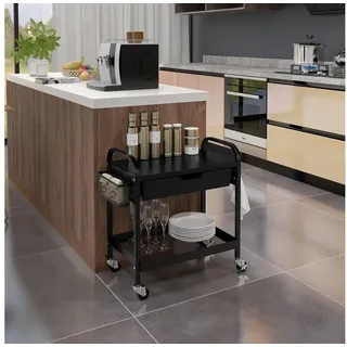 Homcom Rollwagen, Servierwagen mit 1 Schublade, 1 Ablage, Küchenwagen mit Haken, Beistellwagen für Küche, Wohnzimmer, Stahl,