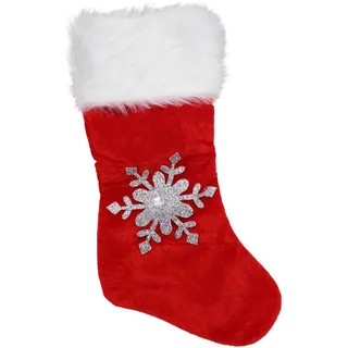 Weihnachtsstrumpf Velour mit Silber Edelstein Schneeflocke 45cm Rot und Weiß