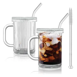 Joeyan 390ml Trinkgläser mit Glasdeckel und Strohhalm, Klare Eiskaffee Gläser, Gerippt Kaffeebech mit Henkel, Saft Latte macchiato cocktailgläser, Origami-Stil Glasbecher, Spülmaschinenfest, 2er Set