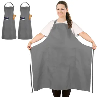 2 Stück Übergröße Kochschürze, Grau Schürzen Kochen XXL für Männer Damen | Verstellbare Küchenschürze mit 2 Taschen zum Kochen, Grillen, Arbeiten, Wasserdichte Schürze für Kellner, Künstler, Friseur
