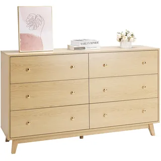Vevor Kommode mit 6 Schubladen & Kippschutz, minimalistischer moderner Schubladenschrank (39,9 x 137,2 x 81,3 cm) Organizer Schubladenkommode für Wohnzimmer Schlafzimmer Eingangsbereich (helles Holz)