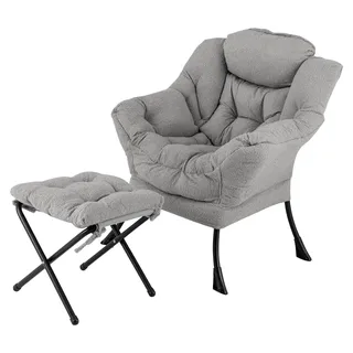 COSTWAY Sessel mit Hocker, Relaxsessel mit Armlehnen, Seitentasche & Fußstütze, Loungesessel, Fernsehsessel, gepolsterter Ohrensessel, Plüsch Grau - Grau