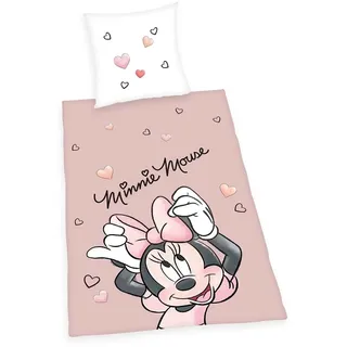 Herding Minnie Mouse Bettwäsche-Set, Kopfkissenbezug 70 x 90 cm, Bettbezug 140 x 200 cm, Mit leichtläufigem Reißverschluss, 100% Baumwolle/Renforcé, Rosa/Weiß
