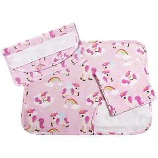 FILET - Frühstücksset für das Kinderzimmer aus Baumwolle mit Aida-Leinenstickerei, bestehend aus Tischset, Serviette und Serviettentasche, Made in Italy, Einhörner Fantasie, Rosa Hintergrund