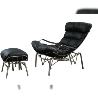KAWOLA Relaxsessel Leder 77 x 88 x 103 cm Schwarz mit Hocker
