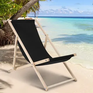 Clanmacy Liegestuhl Gartenstuhl Klappstuhl Kieferholz Holz Klappbar Relax Stoff Deck schwarz - Schwarz