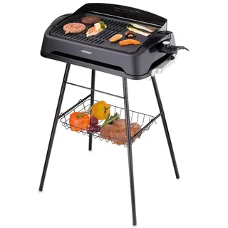 Cloer 6750 Barbecue-Grill, Standgrill mit abnehmbarem Fuß, Spritzschutz, Ablagekorb, Antihaftbeschichtet, 2000 Watt, Grillfläche: 43 cm x 30,5 cm, schwarz