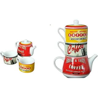 DRW Tassen mit stapelbarer Teekanne, Keramik, Retro, Vintage, 10 x 10 x 11 cm und 420 ml