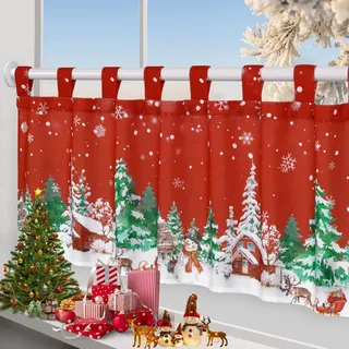 Alishomtll Scheibengardine Weihnachten Gardine, Romantisch Bistrogardine Hanging Curtain, Vorhänge mit Schlaufen, kurz Gardine für Küche Kinderzimmer 45x120 cm (Schnee Weiß Rot)