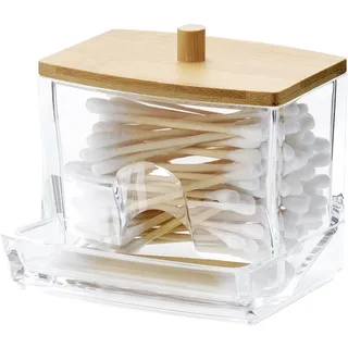 Navaris Wattestäbchen Behälter - Wattestäbchen Spender - Ohrenstäbchen Aufbewahrung mit Bambus Deckel - Ohrstäbchen Organizer - transparent