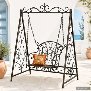 DanDiBo Hollywoodschaukel Metall Antik Gartenschaukel 18811+1868 Hängesessel Hängestuhl mit Gestell Schmiedeeisen Schaukel Garten - Braun, Schwarz
