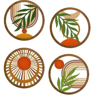 4 Stück Holz Boho Wand Deko, 3D Runde Modern Wanddeko Wohnzimmer, Minimalistische Wandkunst Holz Vintage Deko Boho Wooden Living Room Wall Art Decor für Kunst Wohnzimmer Bauernhaus