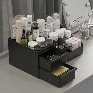 DancesCat Make Up Kosmetik Organizer mit Schubladen, Makeup Organizer Aufbewahrung Kosmetikbox für Waschtische,Schminktisch Organizer Box für Schlafzimmer,Badezimmer,Große Schmink Organizer (Schwarz)