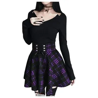 Bsdsl Rock Damen Gothic Faltenrock Schulmädchen A-Linie Plaid Rock Skater Tennis Basic Minirock