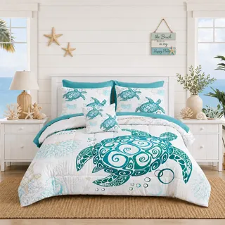 8-teiliges Schildkröten-Bettwäsche-Set in voller Größe für Bett in Einer Tasche, tropisches Ozean-Strand-Motiv, Bettwäsche-Set mit 1 Bettdecke, 4 Kissenbezügen, 1 Kissenbezug (voll, Schildkröte)