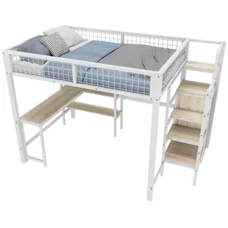 Hochbett mit Lattenrost, Schreibtisch, Rausfallschutz, Schrank, Treppe und Regal, Jugendbett, Einzelbett, Kinderbett (weiß, 140x200 cm) - Weiß