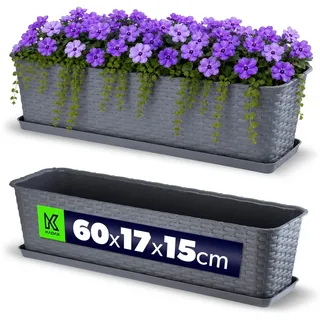 KADAX Blumenkasten 60 cm Grafit mit Untersetzer, Rattan-Optik – Pflanzkübel für Balkon oder Terrasse, wetterfester Balkonkasten